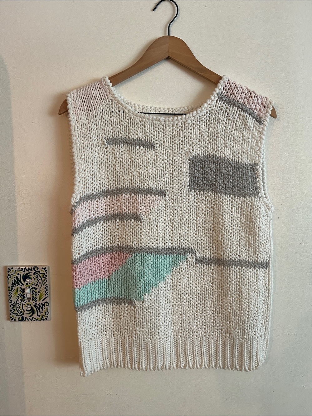 Vintage Cream Hand-Knit Sleeveless Sweater with Pastel Color Blocks
